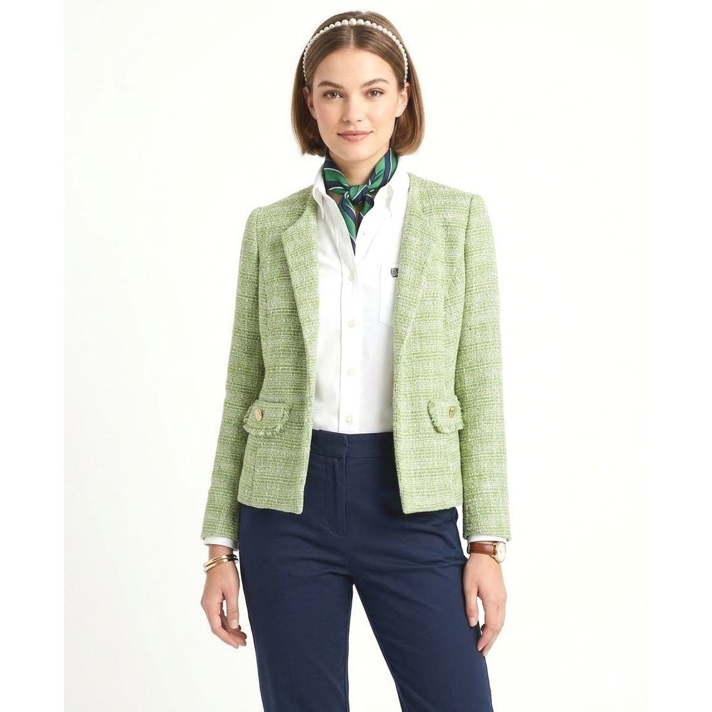 Anne Klein Green Tweed Blazer Jacket Womens Small Gold Lion Button Fringe Trim